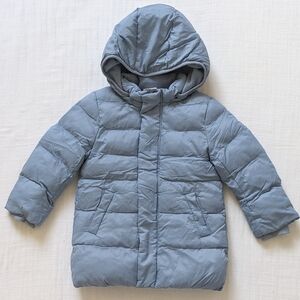 Uniqlo Long Puffer Jacket Coat Kids 3T Boys Girls Blue Hooded Fleece Lined Warm